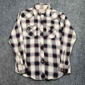 VTG Wrangler Western Shirt Mens Medium Tan Plaid Pearl Snap Long Sleeve Cowboy